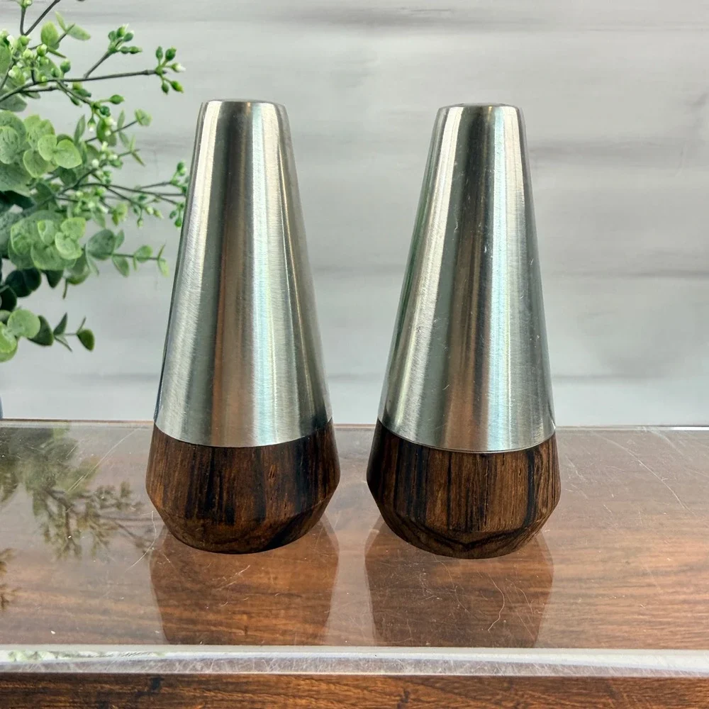 A&B Denmark Teak & Stainless Steel Salt Pepper Shakers Mid Century